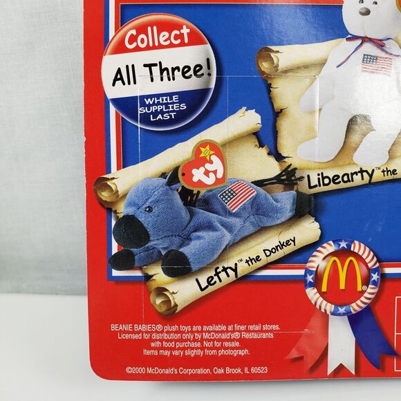 TY Beanie Babies Lefty The Donkey American Trio Sealed New on Card - Picture 7 of 9